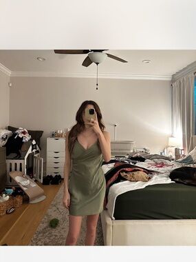 Aritzia Olive Green Satin Mini Dress